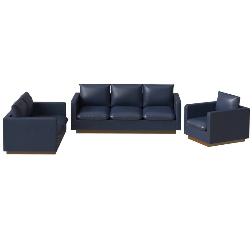 3-Piece Executive Leather Sofa Set with Brushed Gold Stainless Steel Base