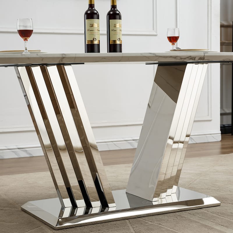 70'' Rectangle Faux Marble Dining Table with Mirrored Finish Stainless Steel Base - Silver+White
