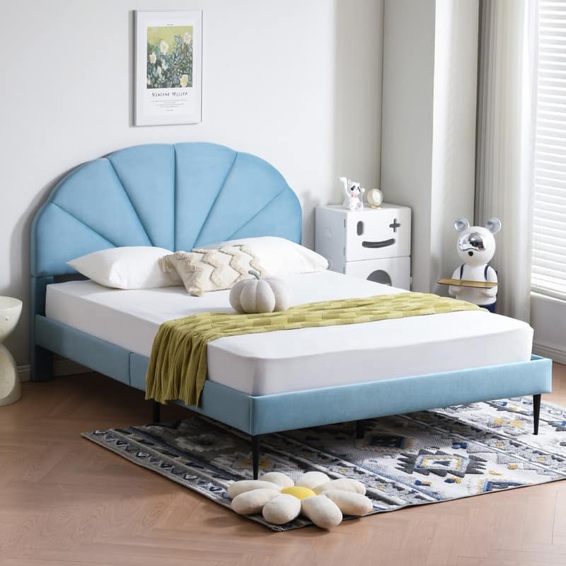 Upholstered Bed with Unique Seashell Headboard - Blue - Full