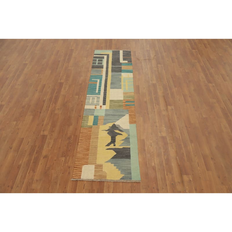 Hand Woven Oriental 100% Wool Carpet Southwestern Modern Multi-Colored Kilim Runner Rug - 8' 3'' X 2' 1''