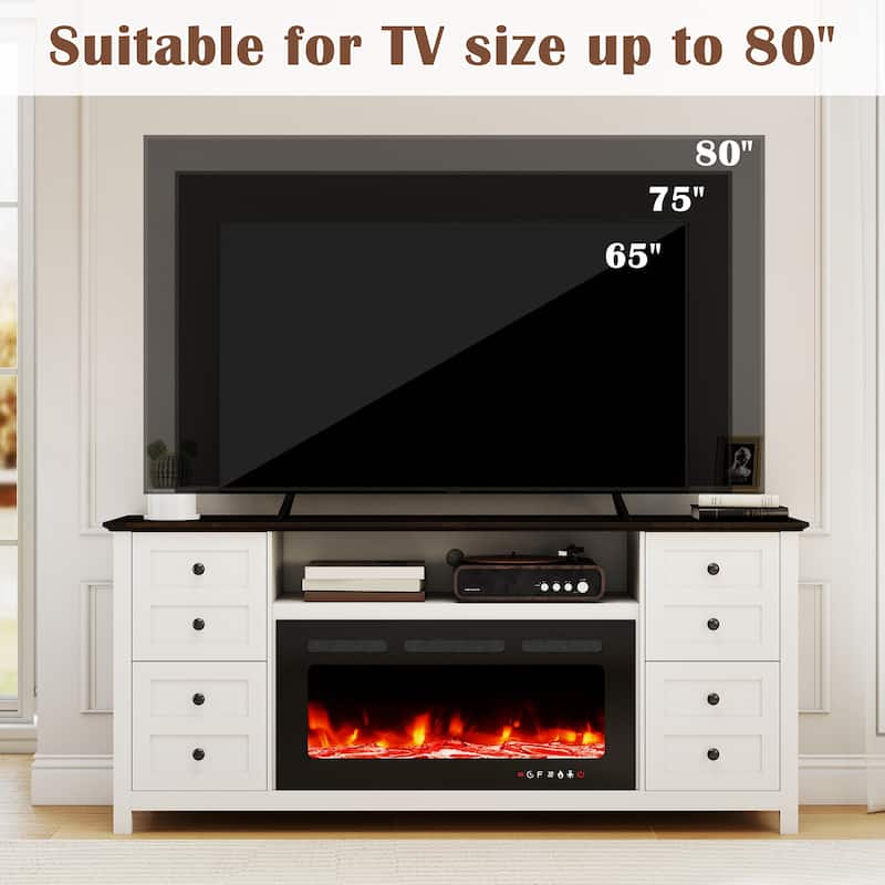 70" Modern Fireplace TV Stand for 80" TVs, Solid Wood Media Console with 36" Electric Fireplace & Storage Drawers