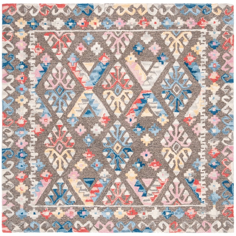 SAFAVIEH, Handmade Micro-Loop Anastazie Wool Rug - 5' Square - Grey/Blue