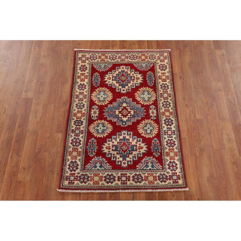 Geometric Red Kazak Accent Rug Handmade Wool Carpet - 2'9" x 4'0"
