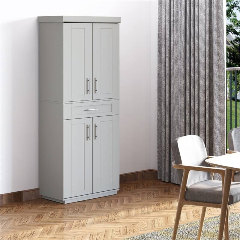 Multi-Function Grey Storage Cabinet with Adjustable Shelves and Drawer for Kitchen or Office - 30" W x 15.75" D x 72" H