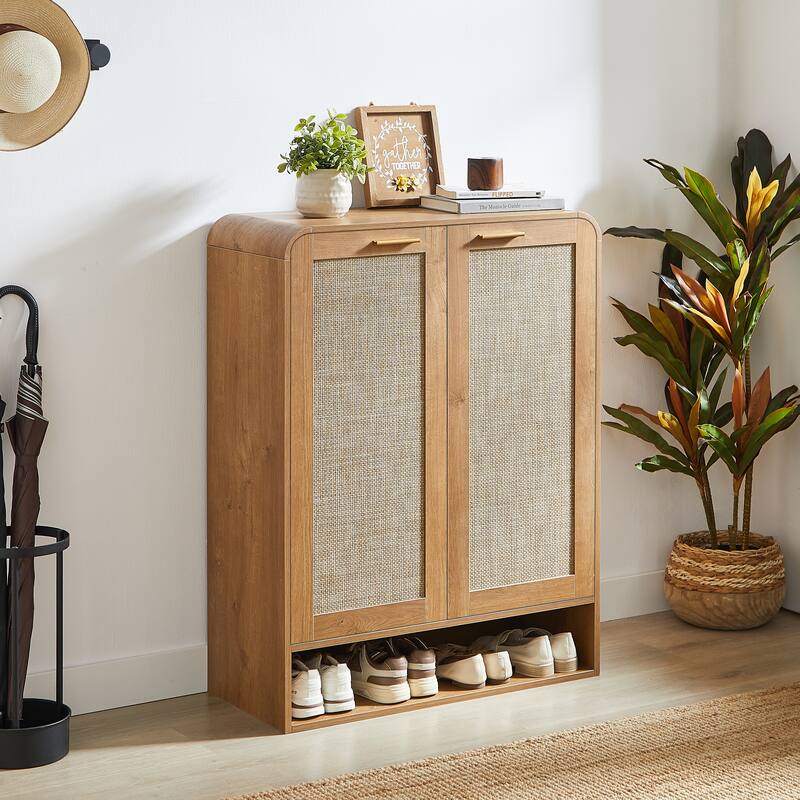 GDF Studio - Lindenwave Coastal Rattan and Wood Shoe Storage Cabinet with Adjustable Shelves - Caramel