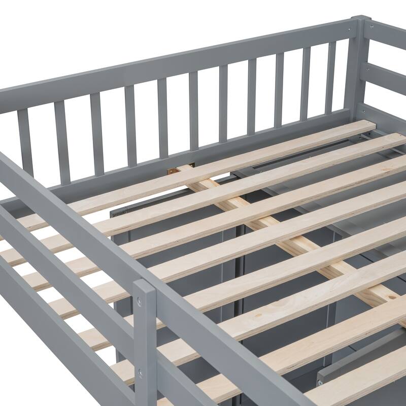Full Over Twin Bunk Bed Children's Storage Bed Frame with Wardrobe, L Shaped Wood Stairway Bunk Bed Frame with Drawers