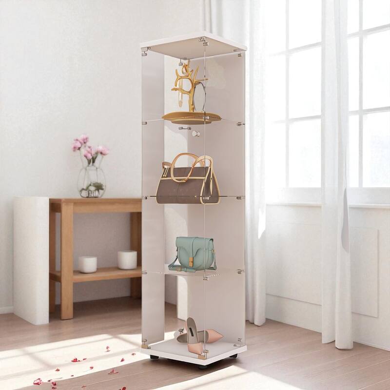 64" Lighted Glass Display Cabinet with One Door, 4 Shelves Tempered Glass Showcase Storage