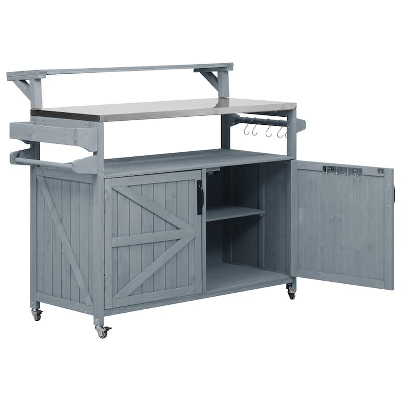 53.3" Outdoor Kitchen Island with Stainless Steel Top, Raised Shelf Solid Wood Storage Cabinet Outdoor Rolling Grill Cart