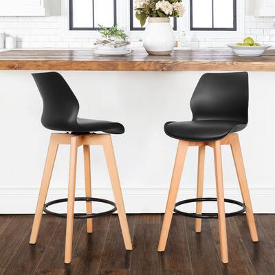 26" Swivel Counter Height Barstool with Plastic Back and Wood Legs, Set of 2
