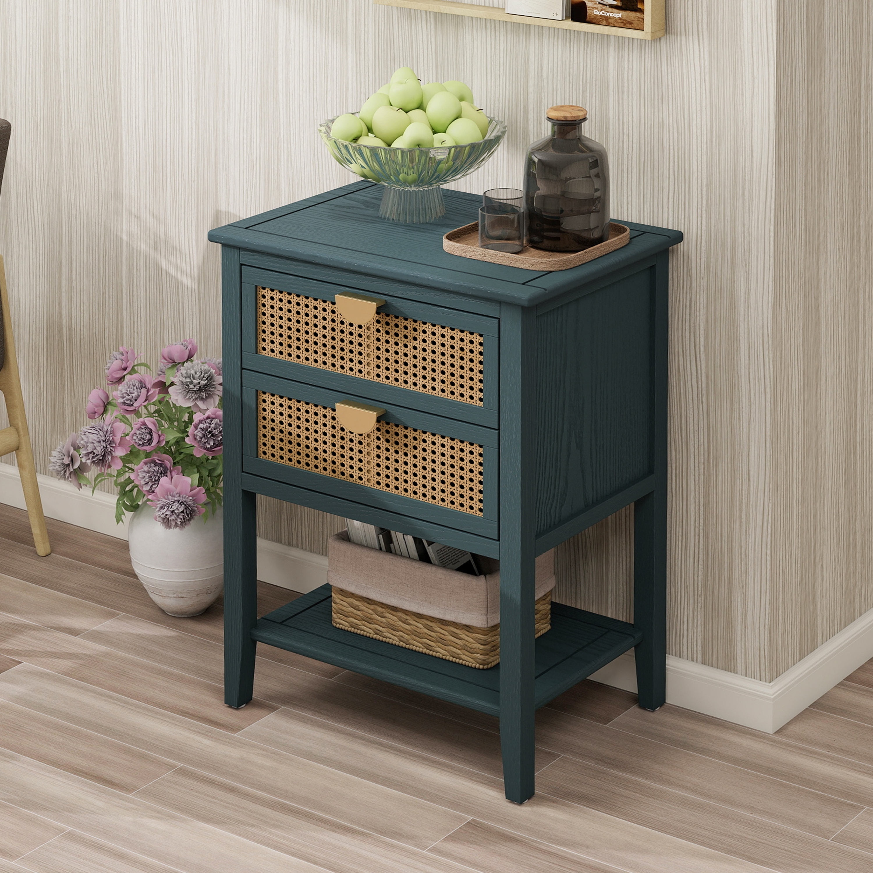 Green Rattan Storage Cabinet Corner Cabinet Base Cabinet Side Cabinet