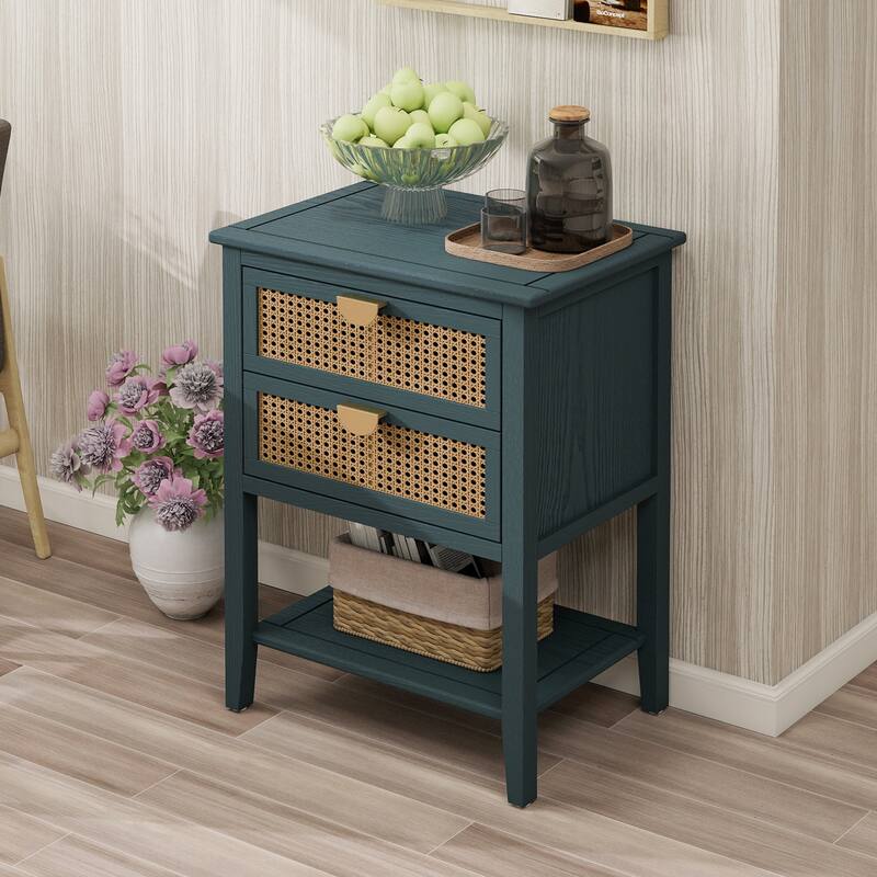 Roomfitters 2 Drawer Side Table, Rattan Nightstand End Table with Storage for Bedroom, Living Room