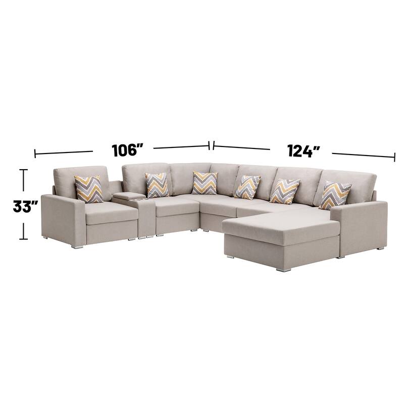 Linen Fabric 7 Piece U-Shaped Reversible Chaise Sectional Sofa with Storage Console Table and 6 Pillows