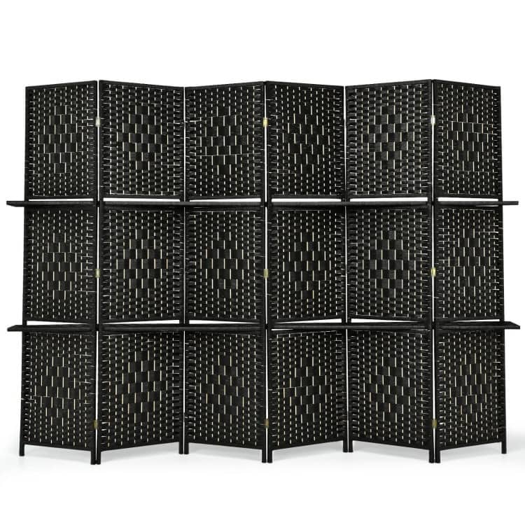 6 Panel Folding Weave Fiber Multipurpose Room Divider with 2 Display Shelves - 95" x 71" (L x H)