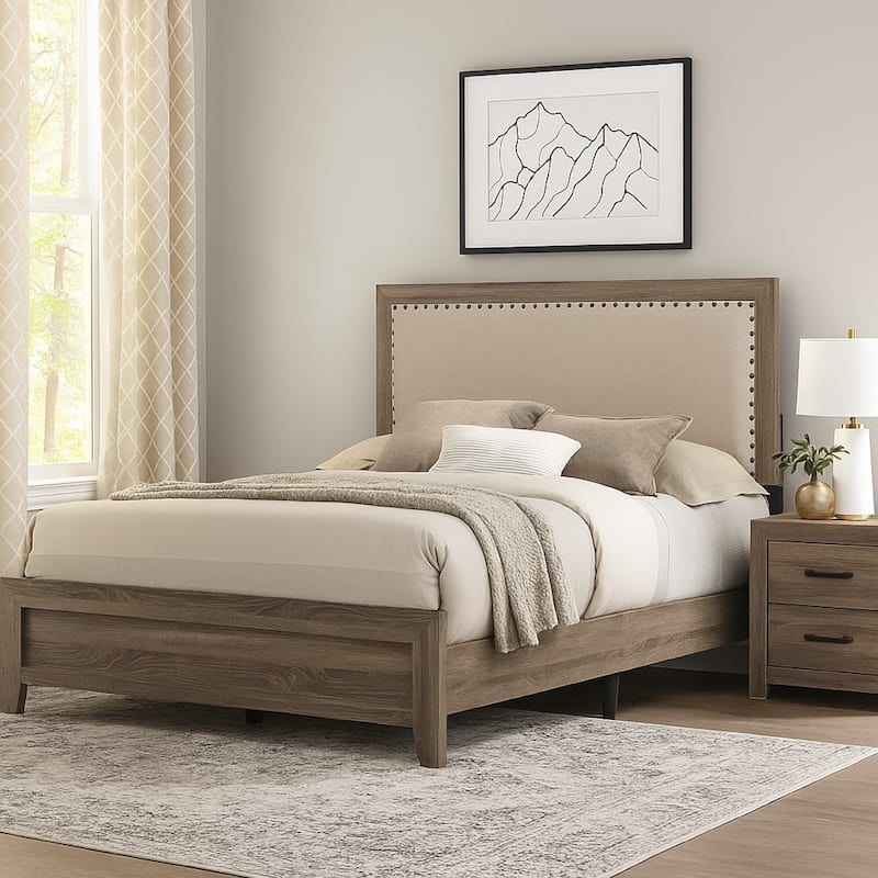 Shannon King Panel Bed with Nailhead Trim, Ivory Fabric, Gray Wood
