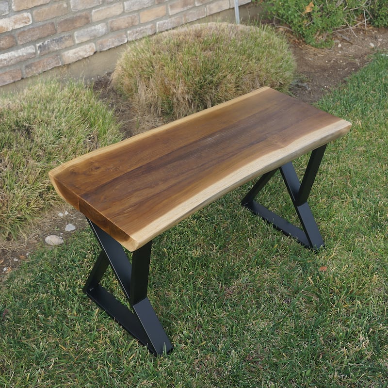 Greenage Pieced Teak Rectangle Bench Rustic Metal Seating Chair