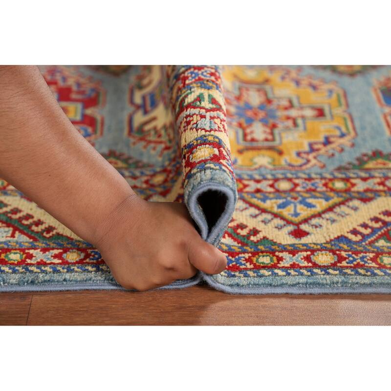 Light Blue Kazak Oriental Runner Rug Hand-Knotted Wool Carpet - 2'7" x 12'9"