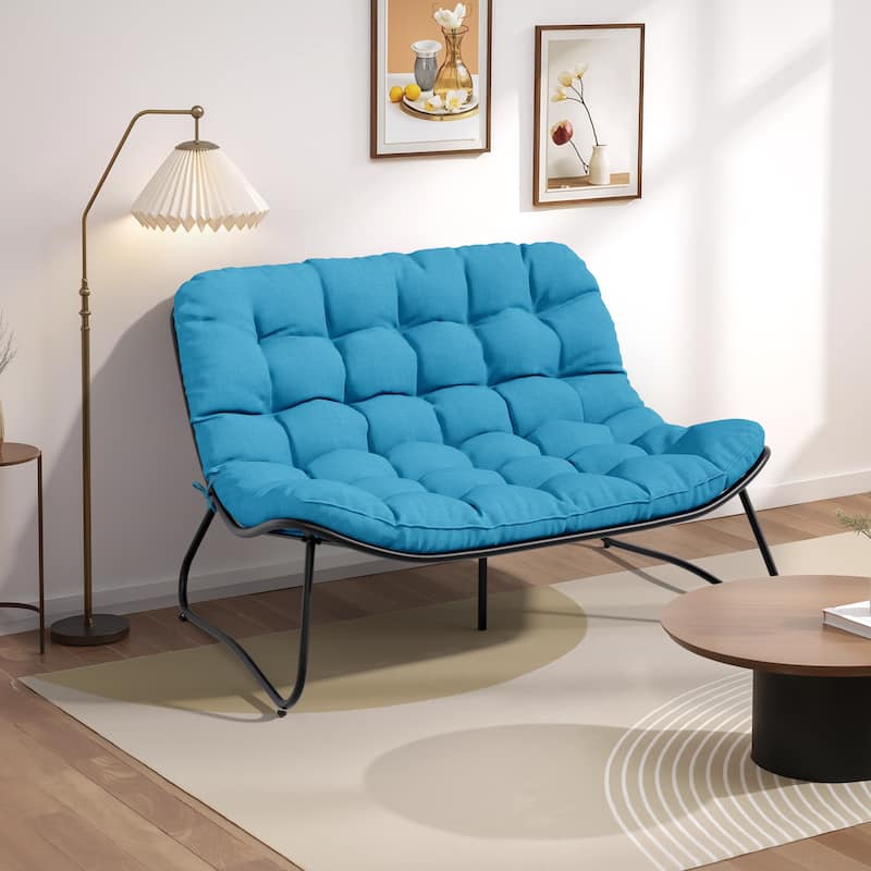 Double Papasan Chair Loveseat Oversized All-weather PE Rattan Chair with Cushion - Blue