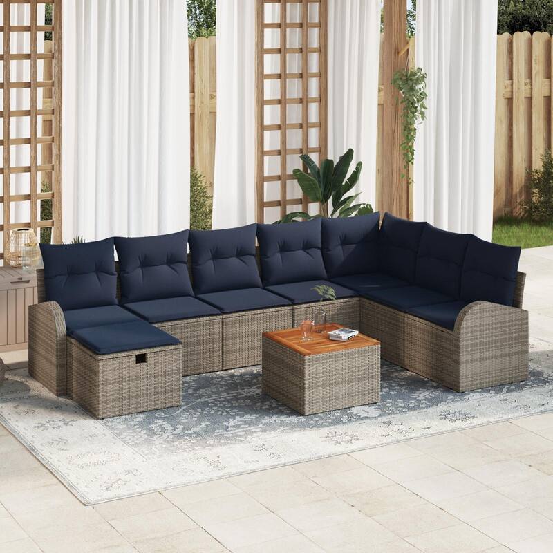 vidaXL 9 Garden Sofa Set with Cushions Black/Grey Poly Rattan - 113.8 x 70.5 x 27.2 - Grey