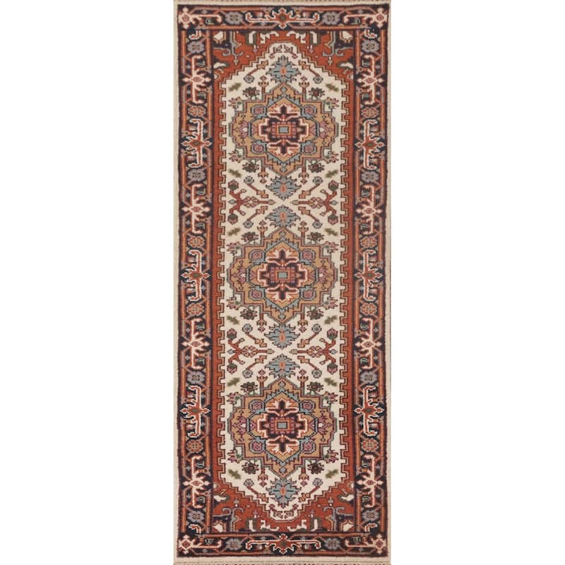 Geometric Beige Heriz-Serapi Oriental Runner Rug Handmade Wool Carpet - 2'6"x 8'0"