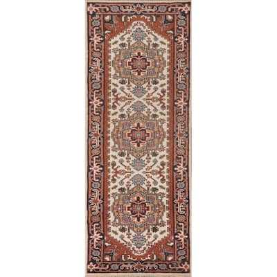 Geometric Beige Heriz-Serapi Oriental Runner Rug Handmade Wool Carpet - 2'6"x 8'0"