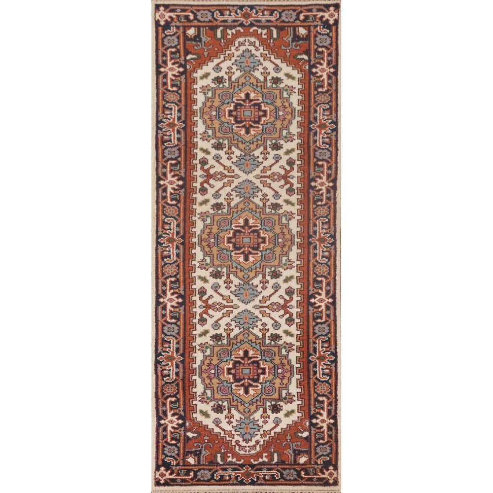 Geometric Beige Heriz-Serapi Oriental Runner Rug Handmade Wool Carpet - 2'6"x 8'0"