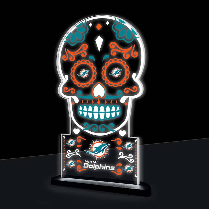 10" LED Tabletop Sugar Skull Halloween Desklite Sign, Miami Dolphins - Multicolor. - 10" x 7"