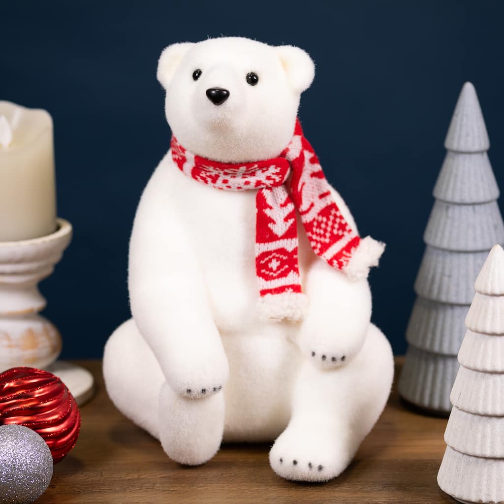 Sitting Polar Bear with Scarf Christmas Figure - 12.25" - White and Red