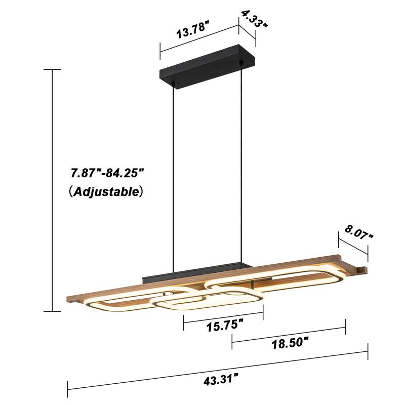3-Light 43 in. Integrated LED Linear Chandelier Wood Kitchen Island Pendant - 43.3''W