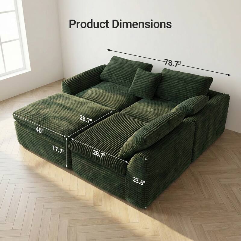 Corduroy Sectional Cloud Couch with Movable Ottoman, High-Density Boneless Sponge Sofa, L-Shape Deep Seat Corner Sofa