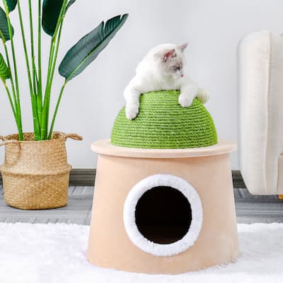 Cactus Cat Cave House with Sisal Scratching Post and sisal ball - Green