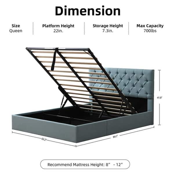 dimension image slide 1 of 9, Plywood Frame Upholstered Platform Bed with Lift-up Storage