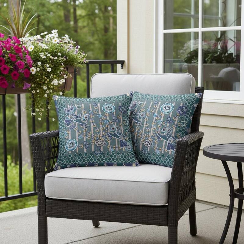 HomeRoots Set of Two 16" X 16" Blue and Gray Peacock Blown Seam Floral Indoor Outdoor Throw Pillow - 16.00' X '16.00' X '5.00 - Blue/Gray - 16.00' X '16.00' X '5.00