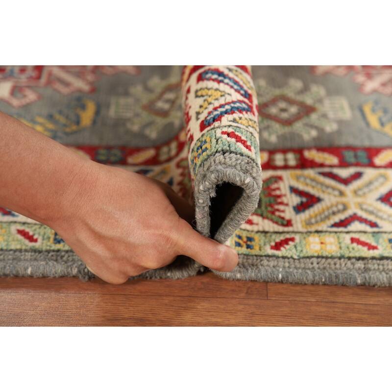 Geometric Kazak Foyer Rug Handmade Grey Wool Handmade Wool Carpet - 2'8" x 4'2"
