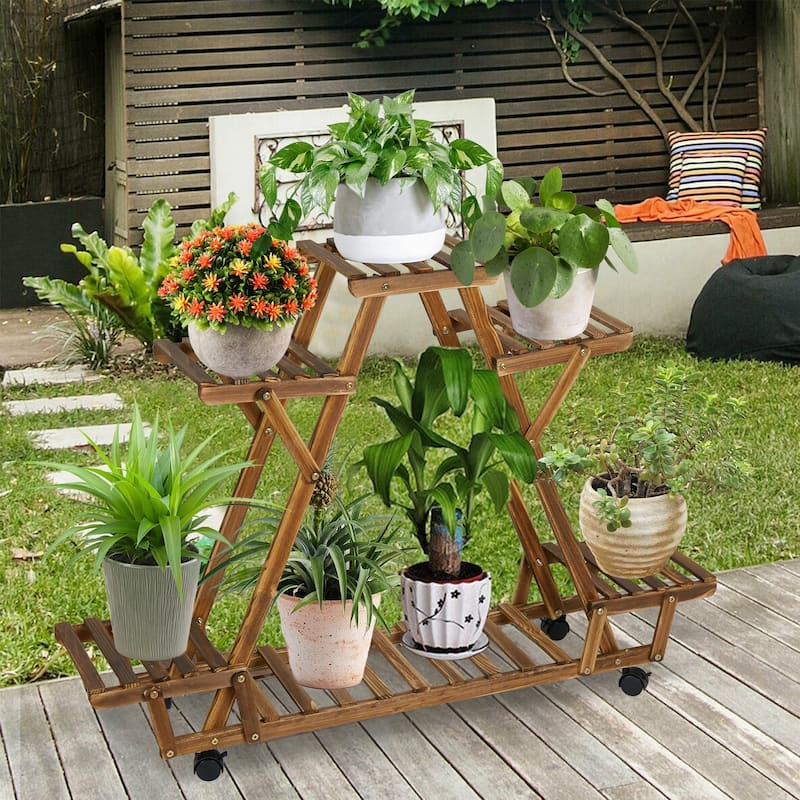 Movable Wood Flower Shelf Plant Display Stand Outdoor Indoor - Brown