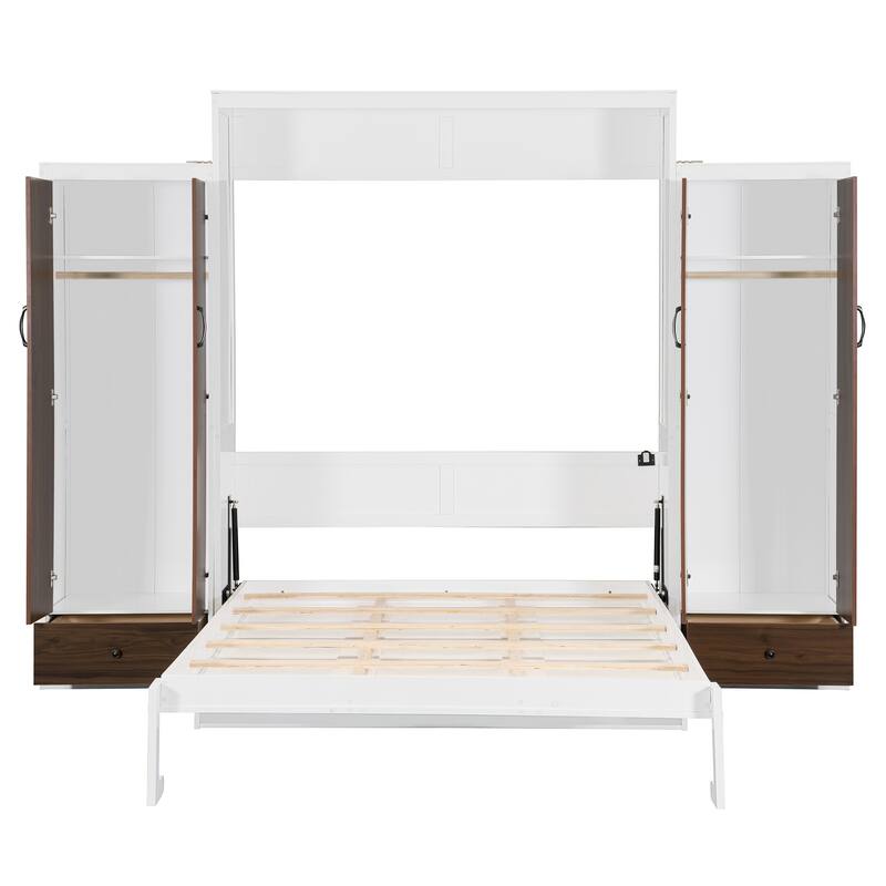Full or Queen Murphy Bed Cabinet with Wardrobes, Drawers & Desk, Wood Foldable Storage Wall Bed w/Hydraulic Lifting & LED Light