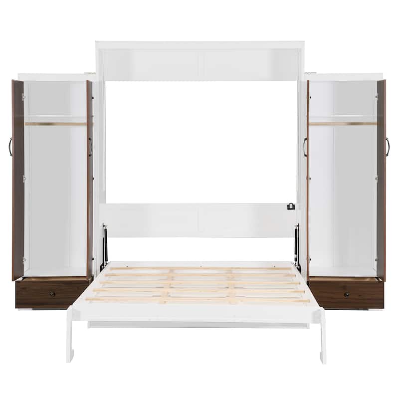Murphy Bed Wall Bed with Wardrobe, Drawers, LED Light and Desk