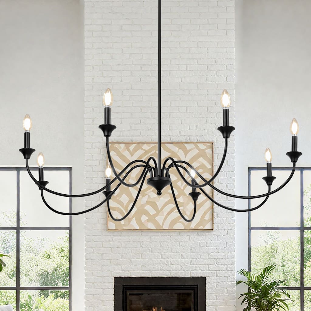 Modern Black 8-Light Chandelier Classic Candle Wheel Lights for Dining Living Room Entryway - D 47.2" x H 9.4"