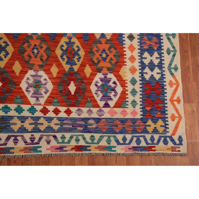 All-Over Geometric Kilim Oriental Area Rug Hand-Woven Wool Carpet - 8'5"x 11'11"