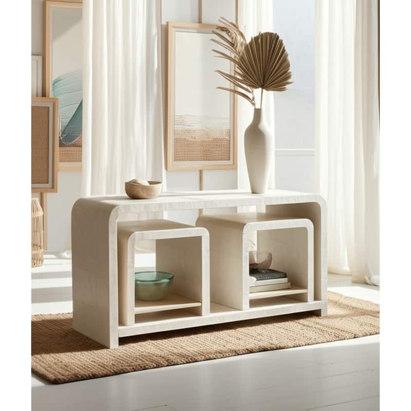 Wood Shell Console Table Coastal Curved Design (Set of 3) - 30" Ivory - 47" x 19" x 29.5" - 47" x 19" x 29.5" - Ivory - Teak