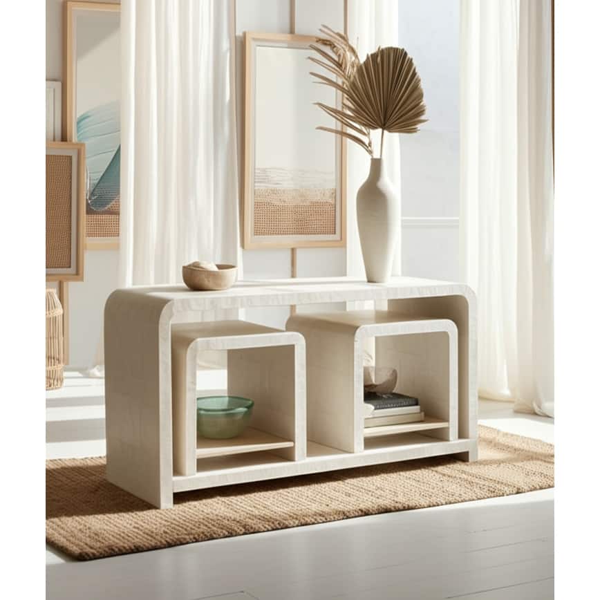 Wood Shell Console Table Coastal Curved Design (Set of 3) - 30" Ivory - 47" x 19" x 29.5"