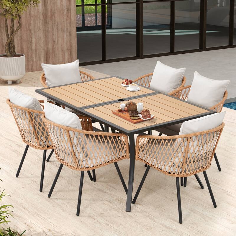 EROMMY 7 Piece Outdoor Dining Set with Umbrella Hole, Patio Table and 6 Rattan Chairs with Cushions, Weather-Resistant Furniture