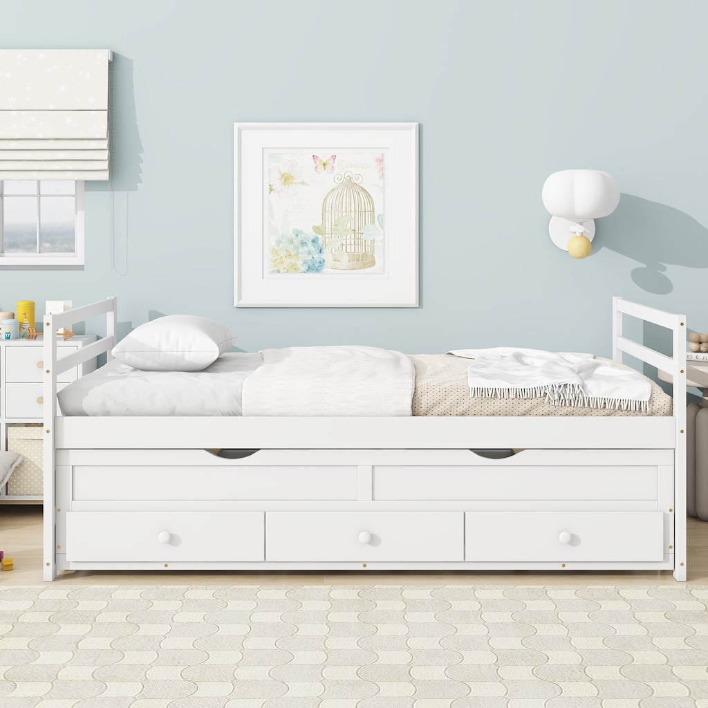 Twin Size Pine Wood Bed with Headboard, Footboard, Trundle, and Three Storage Drawers in White