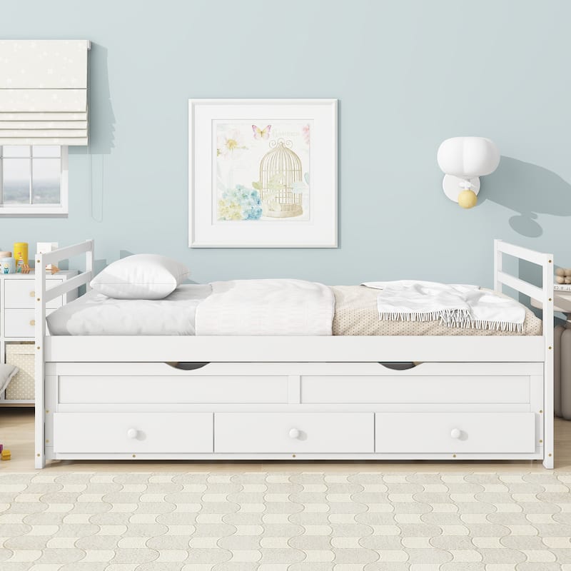 Twin Size Pine Wood Bed with Headboard, Footboard, Trundle, and Three Storage Drawers in White - White
