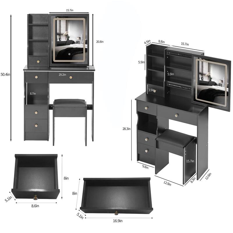 Dressing Table Stool Set with Brightness Adjustable Touch LED Mirror