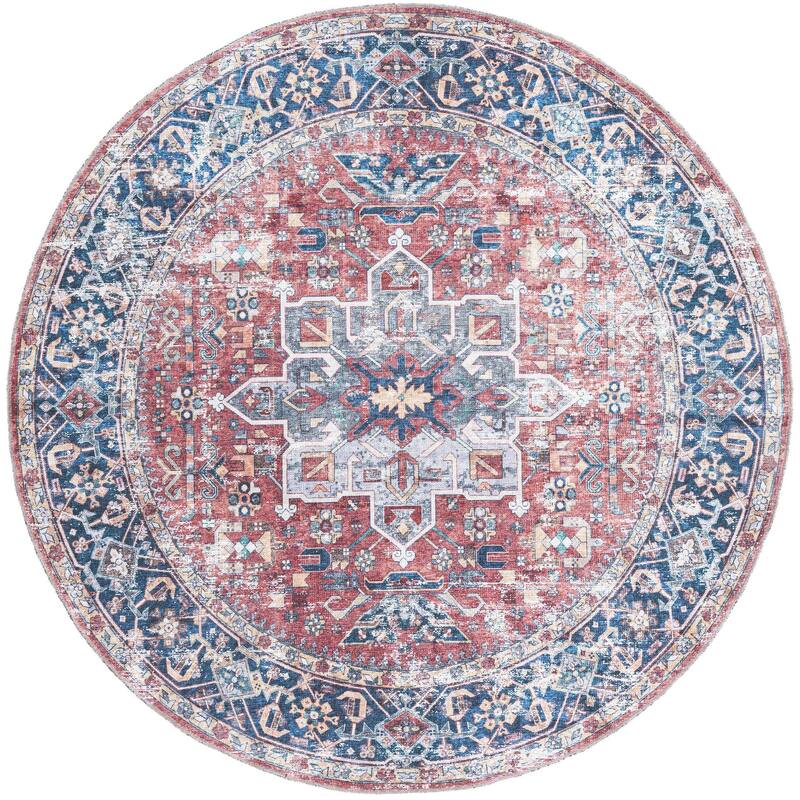 Traditional Tira Collection Area Rug - 6' Round - Rust Red