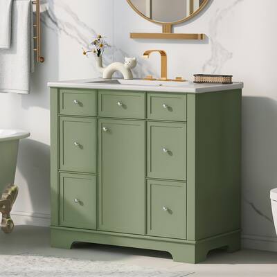 36" Bathroom Storage Cabinet Green Vanity with Ceramic Sink, Single Top Sink Bathroom Vanity with 3 Drawers & Flip Drawer