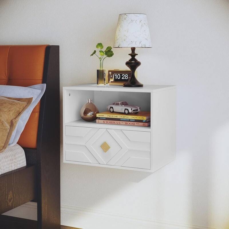 Floating Nightstand with Drawer - White-embossed