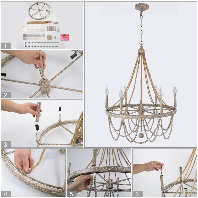 Farmhouse 6-Light Empire Wagon Wheel Chandelier Boho Wood Beaded Light for Dining Room - L25.5"xW25.5"xH37"