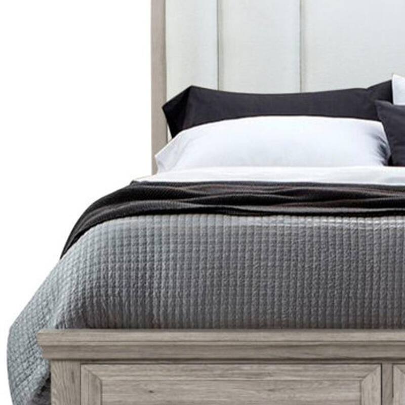 HomeRoots Natural and Light Gray Wood And Upholstery King Bed Frame With Drawers