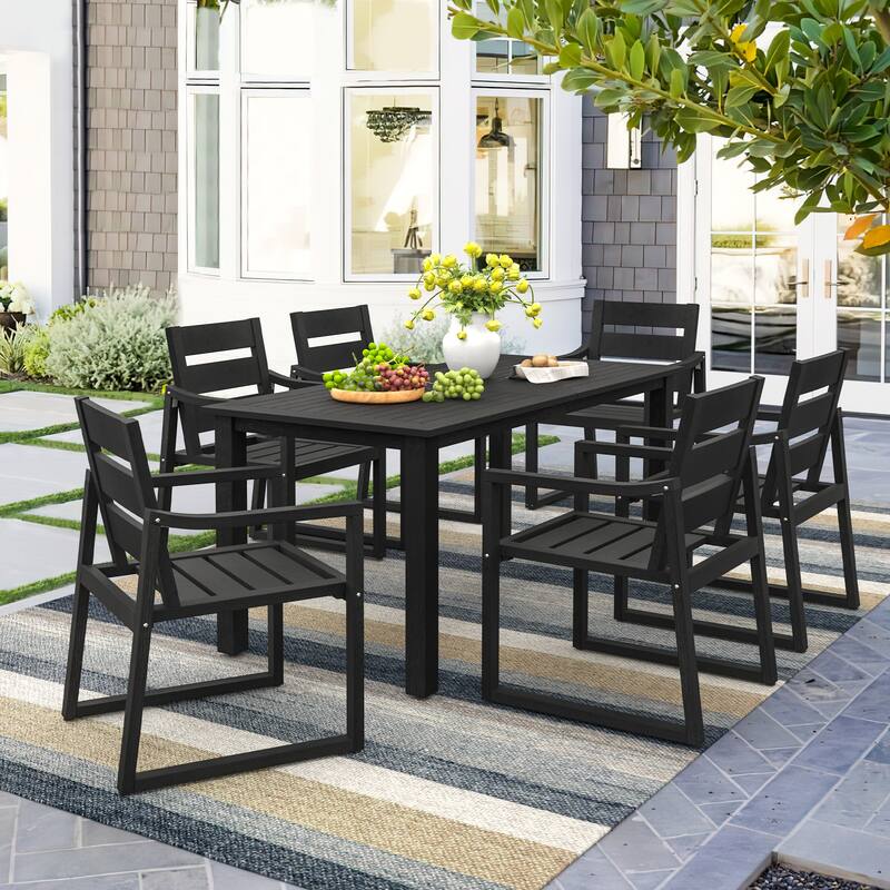 Outdoor 7-Piece Patio Set with Aluminium Rectangular Dining Table & Armchairs - Black